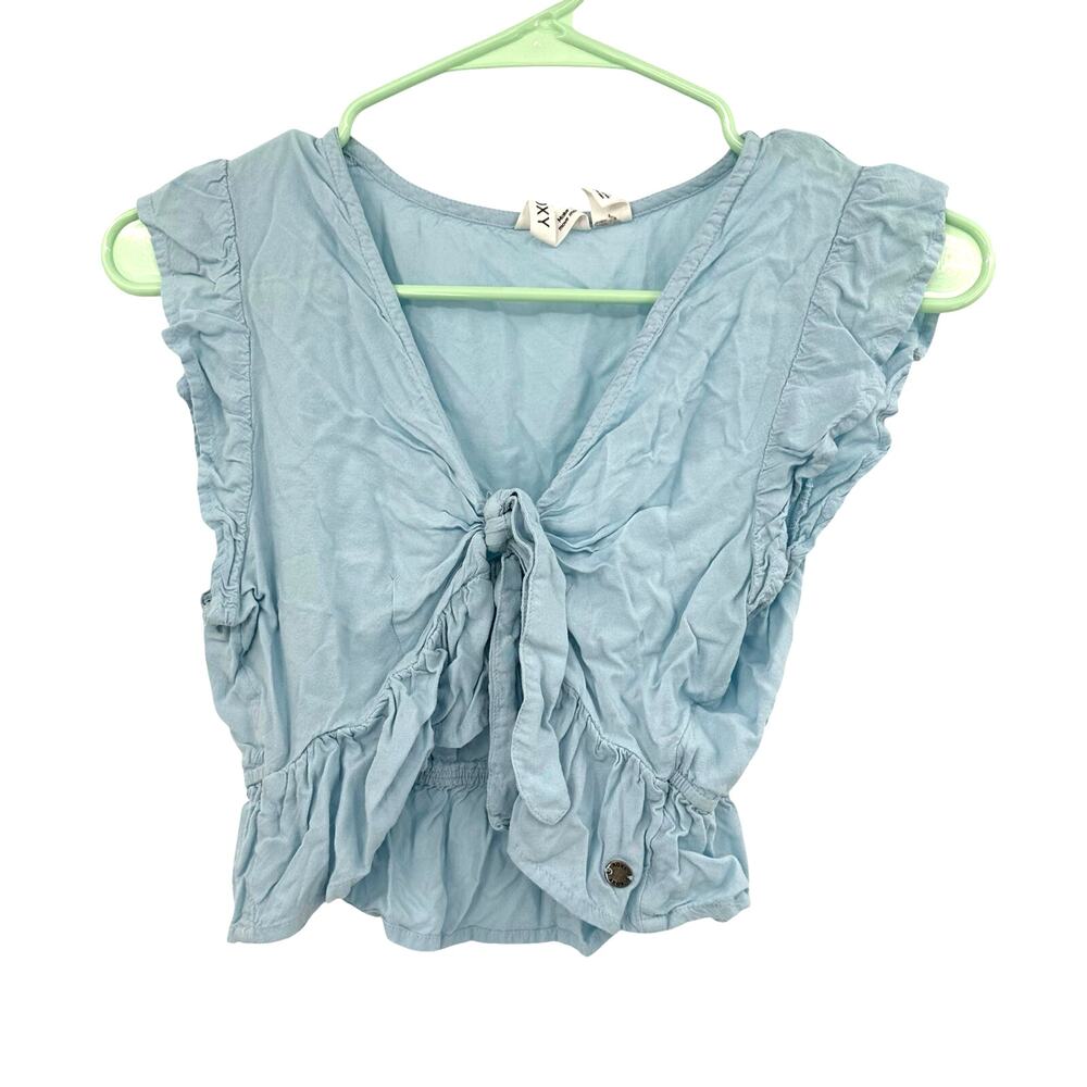 Roxy Size Small Crop Top Light Blue Shirt Blouse Tie Front Flutter Sleeve